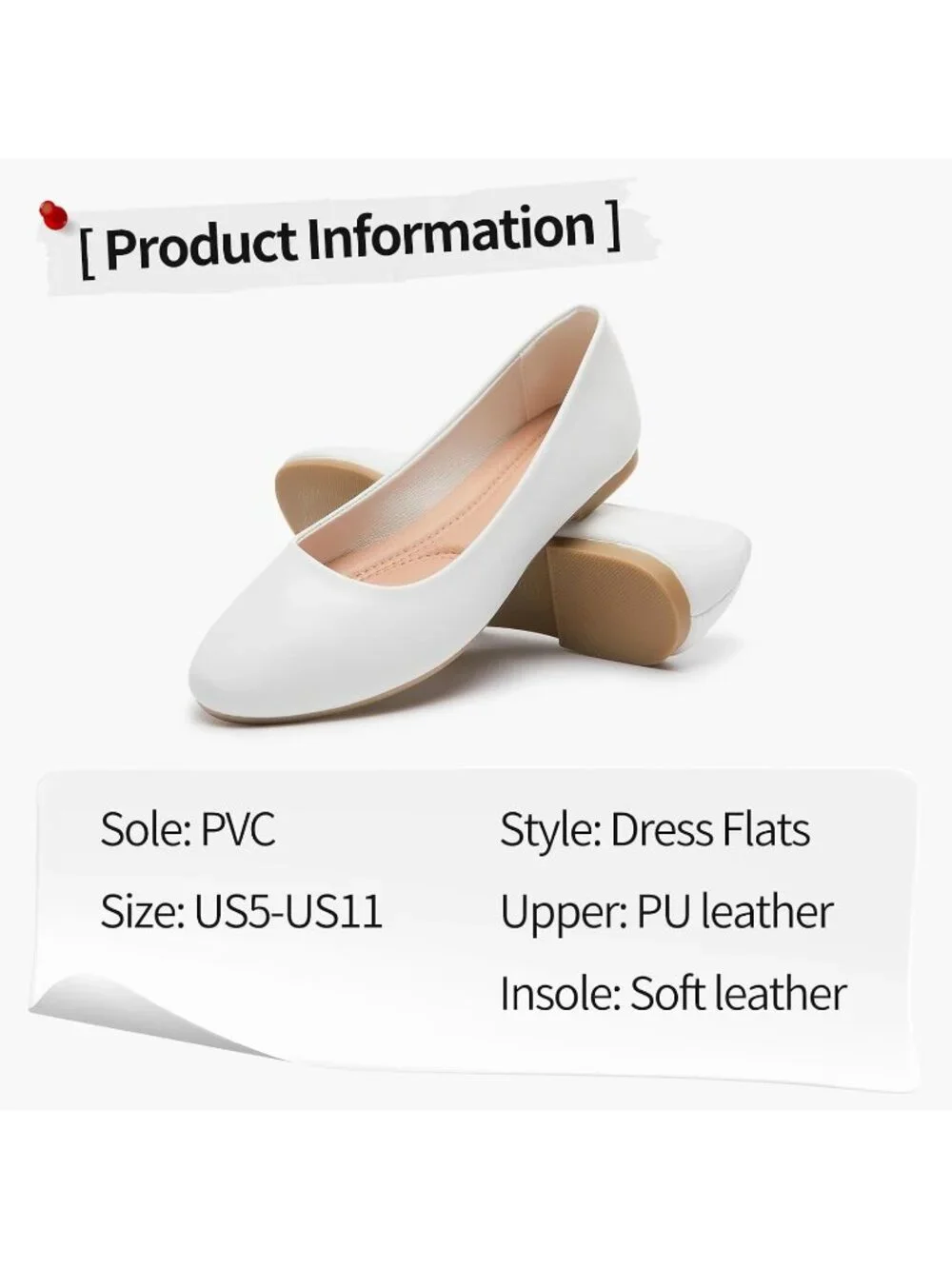 Women's White PU Leather Comfortable Ballet Flat Slip on Round Toe Casual Shoes